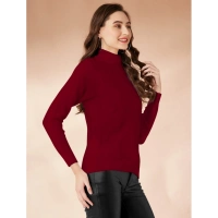 Women's Polyester Solid High Neck Full Sleeve T-Shirt (Maroon) - L