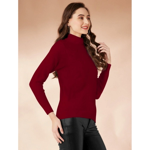 Women's Polyester Solid High Neck Full Sleeve T-Shirt (Maroon) - L