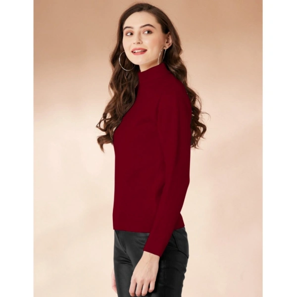 Women's Polyester Solid High Neck Full Sleeve T-Shirt (Maroon) - L