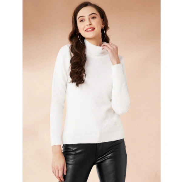 Women's Polyester Solid High Neck Full Sleeve T-Shirt (White) - S