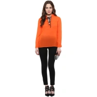 Women's Polyester Solid Long Sleeves Regular Top (Orange) - L