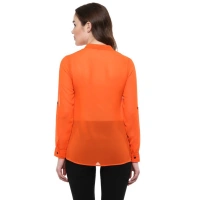 Women's Polyester Solid Long Sleeves Regular Top (Orange) - L