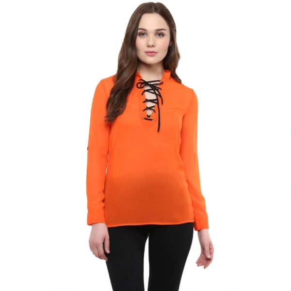 Women's Polyester Solid Long Sleeves Regular Top (Orange) - L