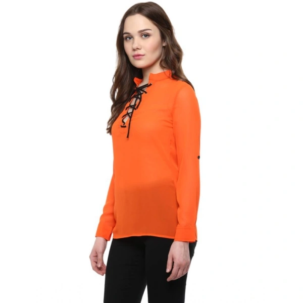 Women's Polyester Solid Long Sleeves Regular Top (Orange) - L