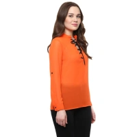 Women's Polyester Solid Long Sleeves Regular Top (Orange) - L