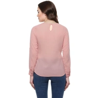 Women's Polyester Solid Long Sleeves Regular Top (Pink) - XL