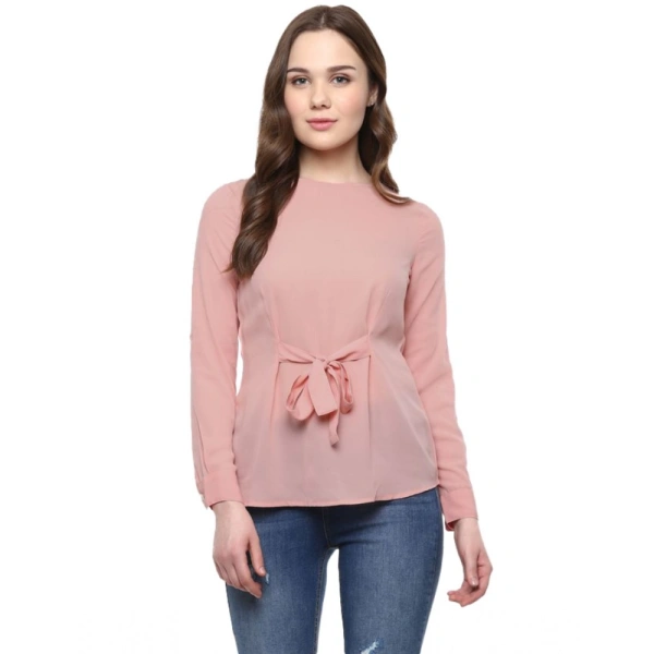 Women's Polyester Solid Long Sleeves Regular Top (Pink) - L
