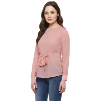 Women's Polyester Solid Long Sleeves Regular Top (Pink) - L