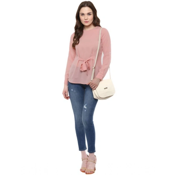 Women's Polyester Solid Long Sleeves Regular Top (Pink) - L