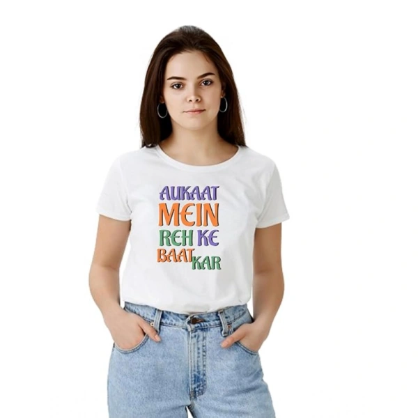 Women's Polyester Solid Printed Round Neck Half Sleeve T-shirt (White) - M