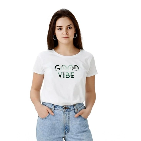 Women's Polyester Solid Printed Round Neck Half Sleeve T-shirt (White) - M