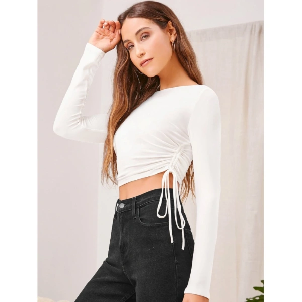 Women's Polyester Solid Round Neck Full Sleeve Top (White) - L