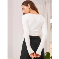 Women's Polyester Solid Round Neck Full Sleeve Top (White) - L