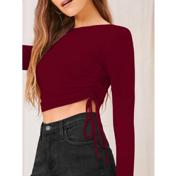 Women's Polyester Solid Round Neck Full Sleeve Top (Maroon) - M