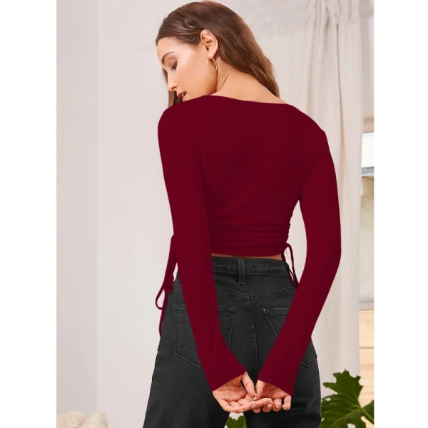 Women's Polyester Solid Round Neck Full Sleeve Top (Maroon) - M