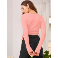 Women's Polyester Solid Round Neck Full Sleeve Top (Peach) - L