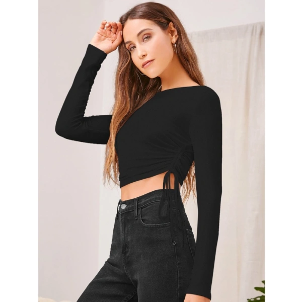 Women's Polyester Solid Round Neck Full Sleeve Top (Black) - L