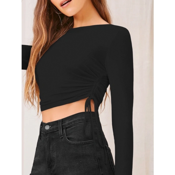 Women's Polyester Solid Round Neck Full Sleeve Top (Black) - L