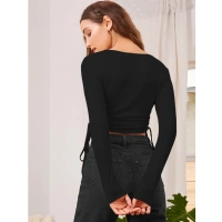 Women's Polyester Solid Round Neck Full Sleeve Top (Black) - L