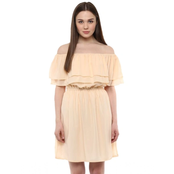 Women's Polyester Solid Sleeveless Knee-Length Dress (Beige) - L