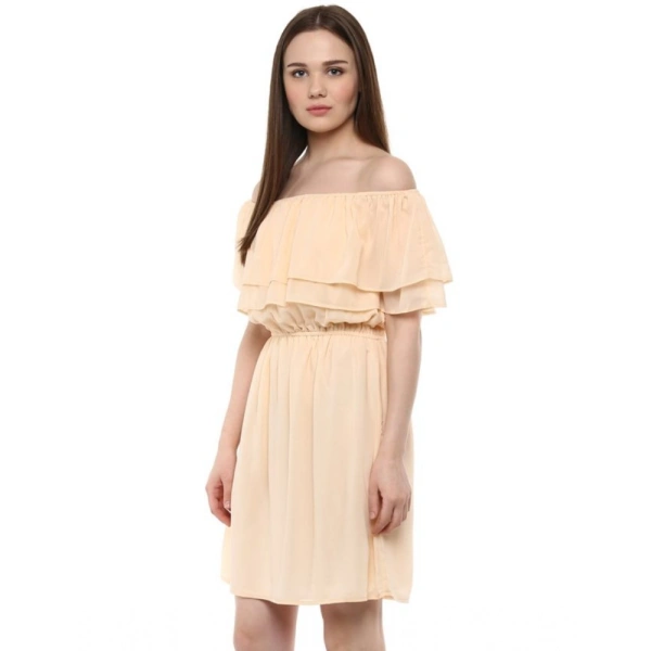 Women's Polyester Solid Sleeveless Knee-Length Dress (Beige) - L