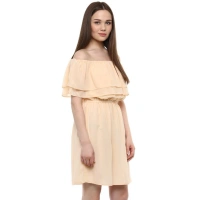 Women's Polyester Solid Sleeveless Knee-Length Dress (Beige) - L