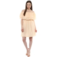 Women's Polyester Solid Sleeveless Knee-Length Dress (Beige) - L