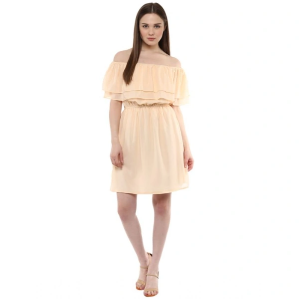 Women's Polyester Solid Sleeveless Knee-Length Dress (Beige) - L