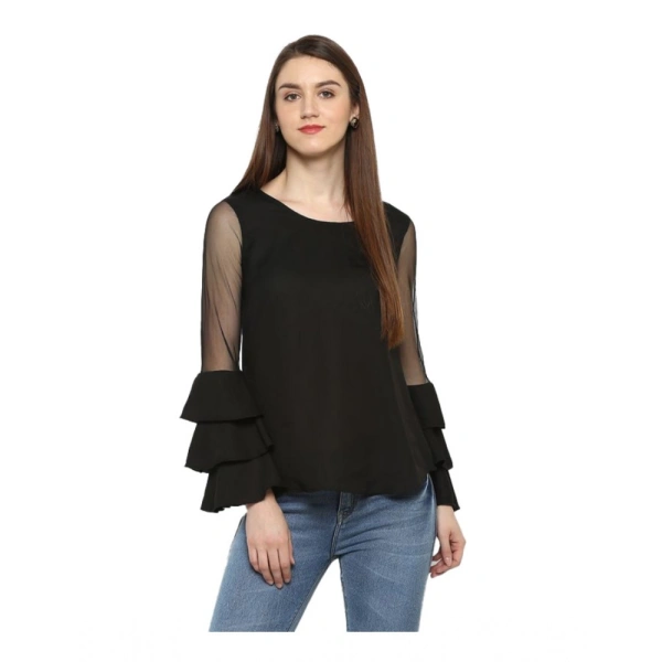 Women's Polyester Solid Tier Sleeve Top (Black) - L