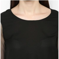 Women's Polyester Solid Tier Sleeve Top (Black) - L