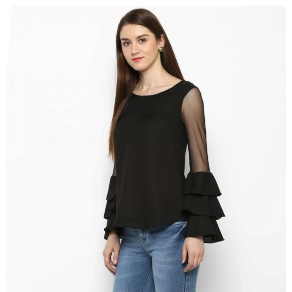 Women's Polyester Solid Tier Sleeve Top (Black) - L