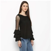 Women's Polyester Solid Tier Sleeve Top (Black) - L