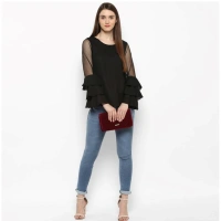 Women's Polyester Solid Tier Sleeve Top (Black) - L