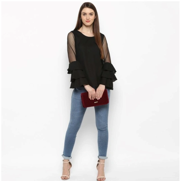 Women's Polyester Solid Tier Sleeve Top (Black) - L
