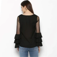 Women's Polyester Solid Tier Sleeve Top (Black) - L