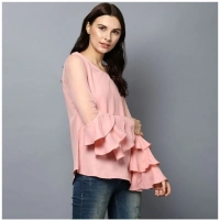 Women's Polyester Solid Tier Sleeve Top (Pink) - L
