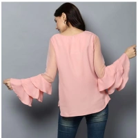 Women's Polyester Solid Tier Sleeve Top (Pink) - L
