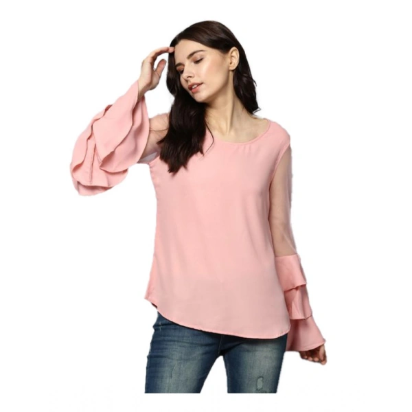 Women's Polyester Solid Tier Sleeve Top (Pink) - L