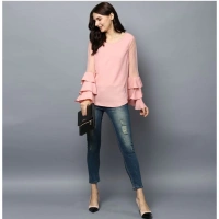 Women's Polyester Solid Tier Sleeve Top (Pink) - L