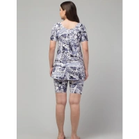 Women's Polyester Spandex Printed Above Knee Slip On Round Neck Swimsuit Set (Grey) - 3XL