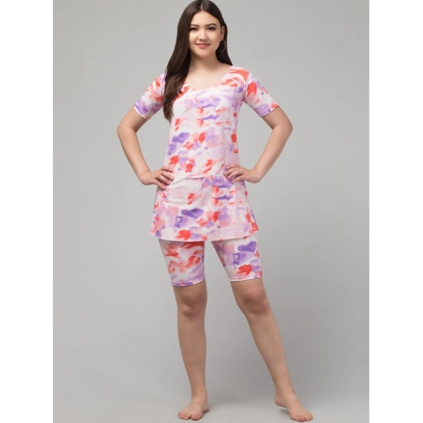 Women's Polyester Spandex Printed Round Neck Swimsuit Set (Multicolor) - L