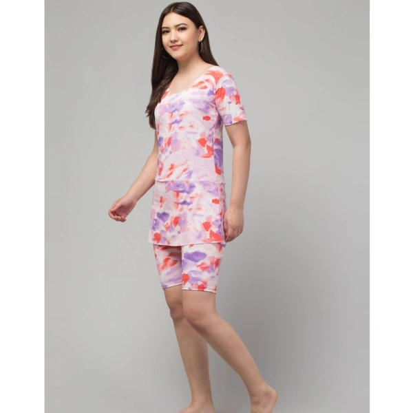 Women's Polyester Spandex Printed Round Neck Swimsuit Set (Multicolor) - L
