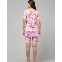 Women's Polyester Spandex Printed Round Neck Swimsuit Set (Multicolor) - L