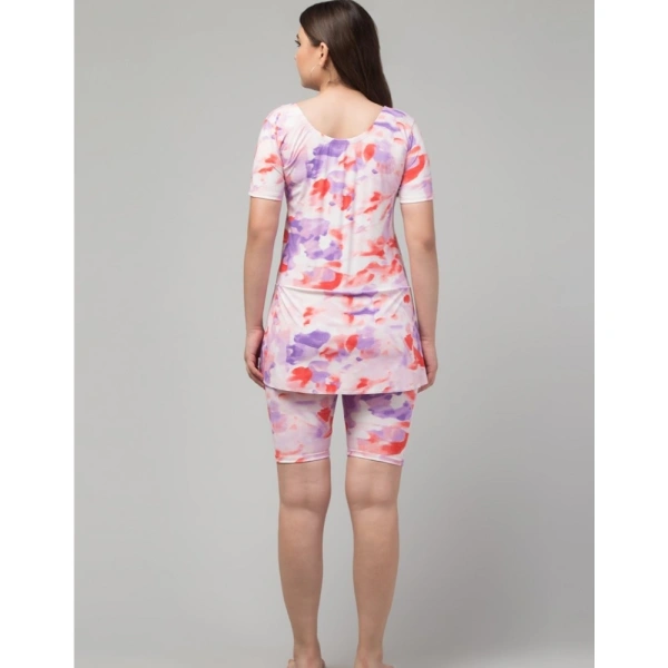 Women's Polyester Spandex Printed Round Neck Swimsuit Set (Multicolor) - L