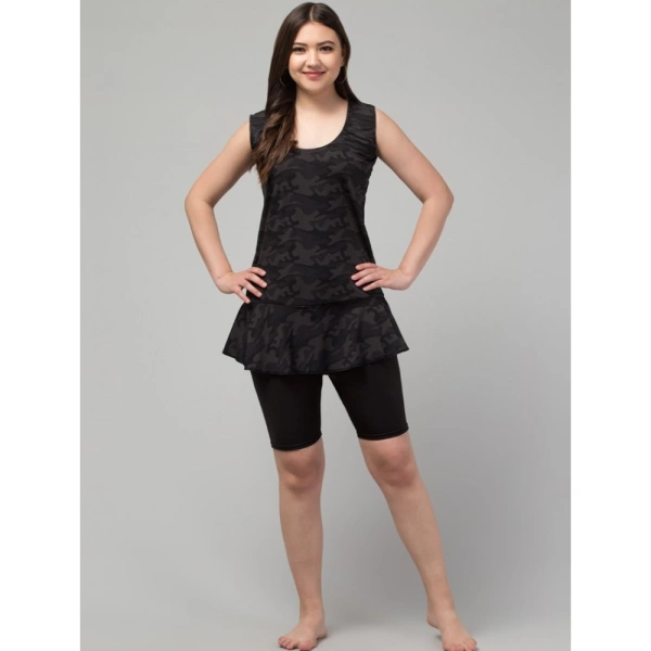 Women's Polyester Spandex Printed Slip On Round Neck Swimsuit Set (Black) - L