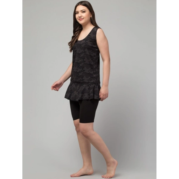 Women's Polyester Spandex Printed Slip On Round Neck Swimsuit Set (Black) - L