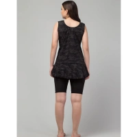 Women's Polyester Spandex Printed Slip On Round Neck Swimsuit Set (Black) - L