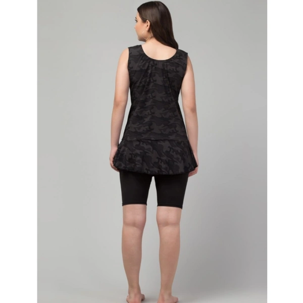 Women's Polyester Spandex Printed Slip On Round Neck Swimsuit Set (Black) - L