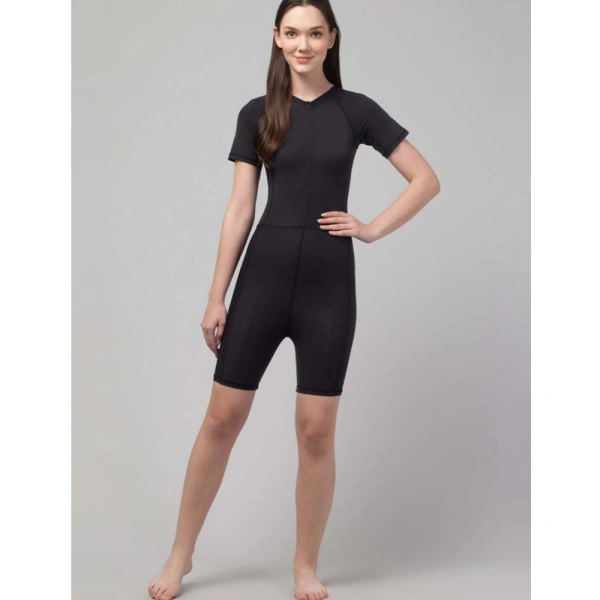 Women's Polyester Spandex Solid Above Knee Slip On Round Neck Swimsuit Set (Black) - S