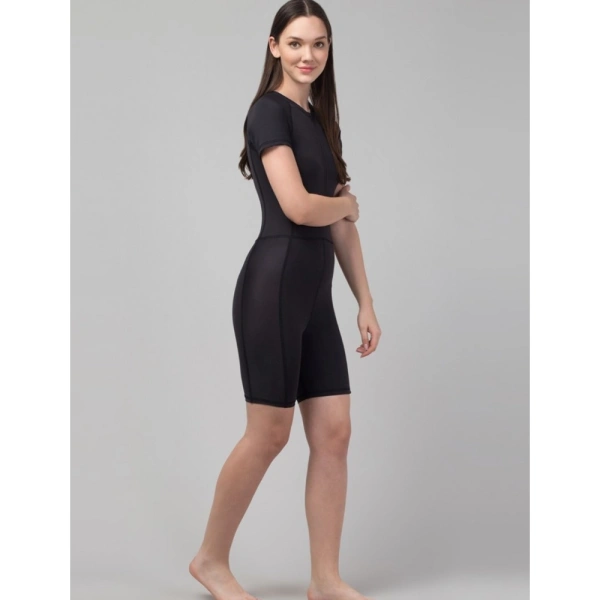 Women's Polyester Spandex Solid Above Knee Slip On Round Neck Swimsuit Set (Black) - S